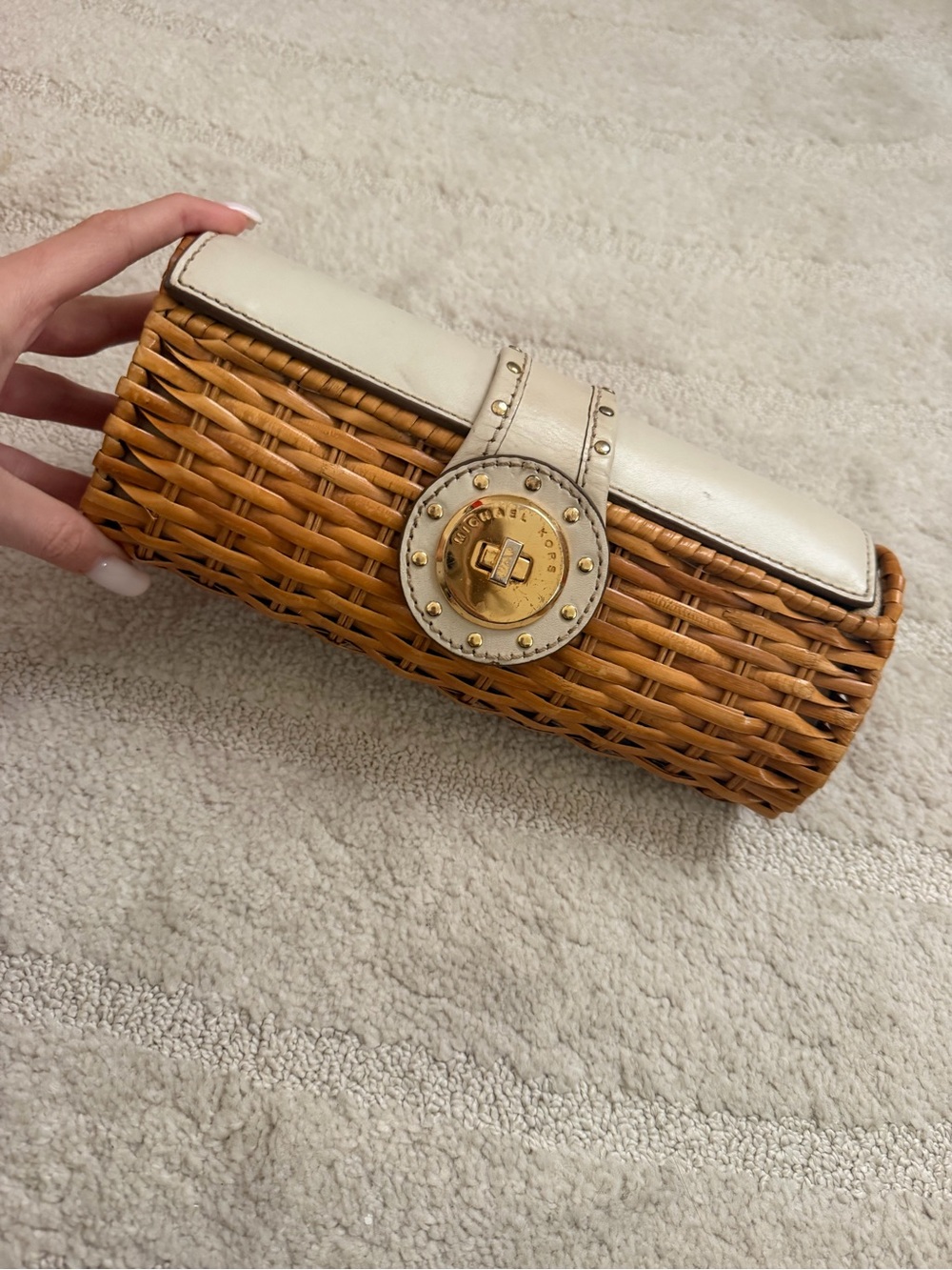 Vintage Michael Kors White & Natural Woven Clutch with Gold Accent